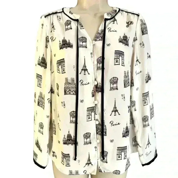 Talbots Paris Print Tie Front Blouse Ivory and Black Small Petite - Picture 4 of 9